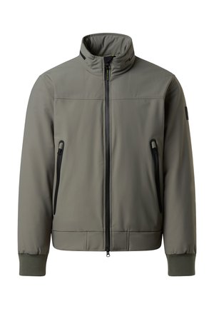 Giacca imbottita grigia, collo alto, chiusura con zip, due tasche laterali con zip, polsini a coste, tessuto liscio, dettagli in metallo neri a contrasto.