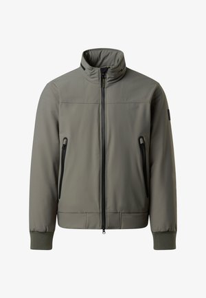 Veste grise isolée, col montant, fermeture éclair, deux poches latérales zippées, poignets côtelés, texture lisse, détails de quincaillerie noirs contrastants.