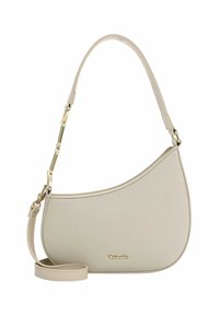 Beige Leder Schultertasche mit einer geschwungenen Form, goldenen Hardware-Akzenten und einem verstellbaren Tragegurt. Texturierte Oberfläche mit einem dezenten Logo.