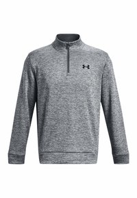 Grå pullover lavet af tekstureret stof, med en lynlås krave, lange ærmer og et lille sort logo på brystet.