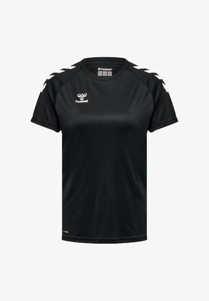 Zwart sportshirt met korte mouwen met wit hummel-logo op de borst en witte chevronstrepen op de schouders.