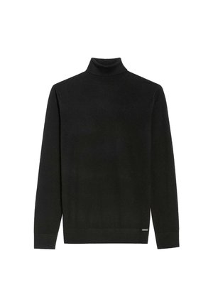 Czarny sweter z golfem, wykonany z gładkiego materiału, z długimi rękawami i dopasowanym krojem. Mała aplikacja logo w pobliżu dołu.