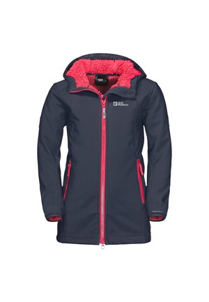 Veste softshell bleu marine pour enfants avec doublure en polaire rose vif, capuche et fermeture éclair, avec le logo Jack Wolfskin sur la poitrine.