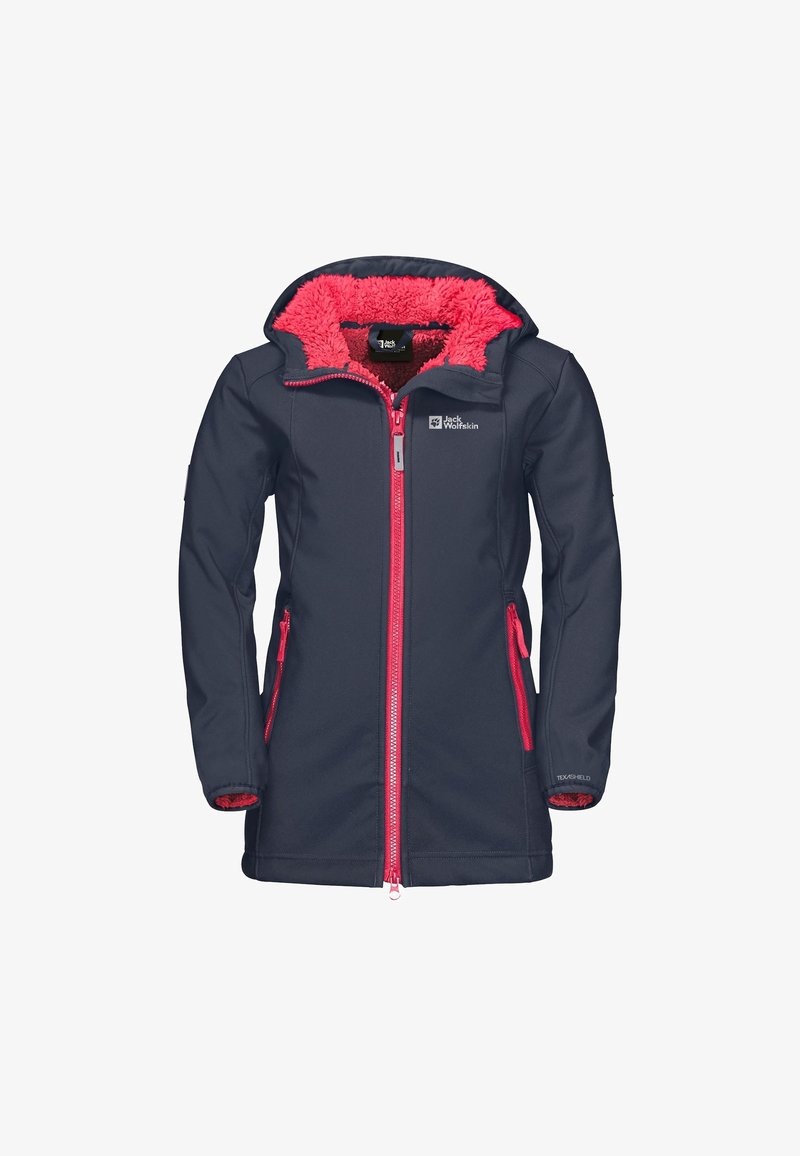 Veste softshell bleu marine pour enfants avec doublure en polaire rose vif, capuche et fermeture éclair, avec le logo Jack Wolfskin sur la poitrine.