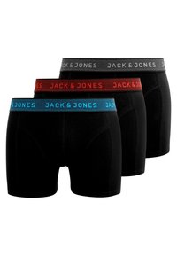 Schwarze Boxer-Briefs mit kontrastierenden elastischen Taillenbändern in Blau, Rot und Grau. Jedes Taillenband trägt das Logo "JACK & JONES". Glatte Textur.