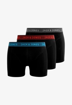 Mustad mustad pokkerid kontrastsete elastsetega vöödega sinises, punases ja hallis värvitoonis. Igal vööl on "JACK & JONES" logo. Sile tekstuur.