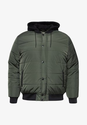 Padded jacket in dark green, featuring a black hood, snap button closure, side pockets, ribbed cuffs, and a quilted texture.