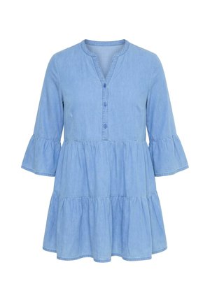 Lyseblå denimtunika med trekvartlange klokkeærmer, flæset nederdel, rund halsudskæring og front med tre knapper.