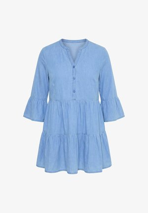 Lyseblå denimtunika med trekvartlange klokkeærmer, flæset nederdel, rund halsudskæring og front med tre knapper.