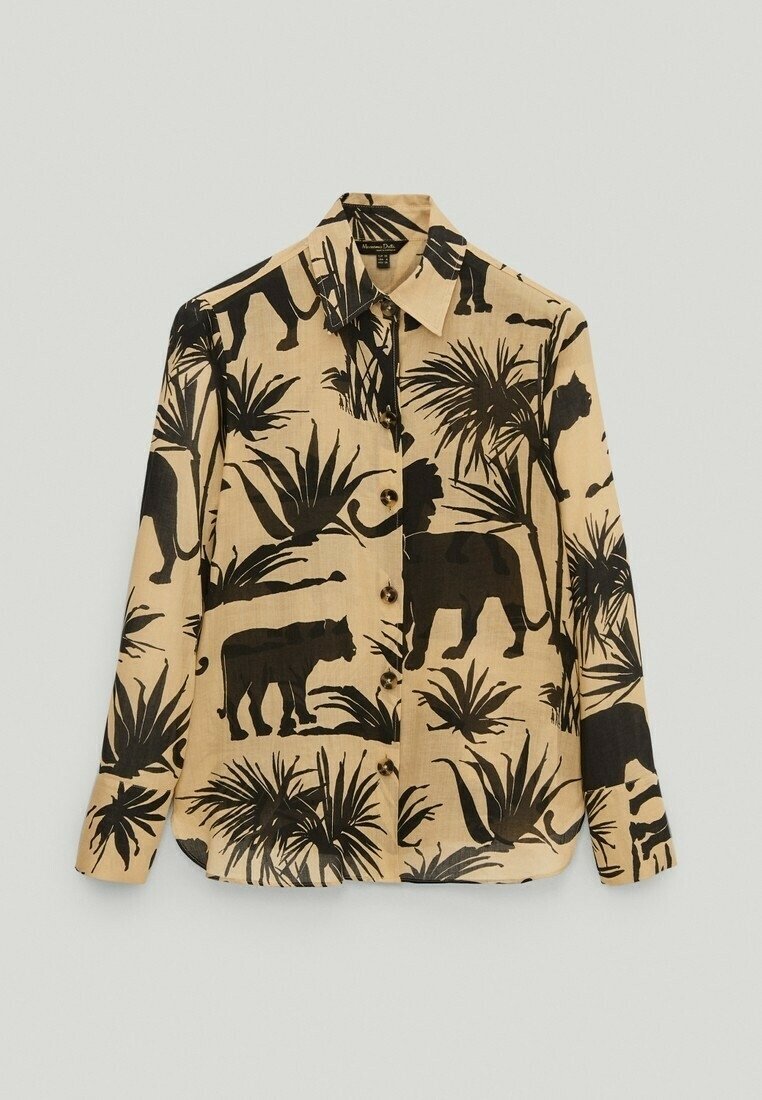 Chemise beige à manches longues avec boutons, motif imprimé noir de plantes tropicales et de panthère.
