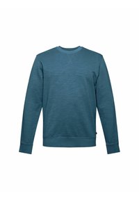 Sudadera azul de manga larga con cuello redondo, que presenta un patrón texturizado y puños y dobladillo acanalados, confeccionada en una tela suave.