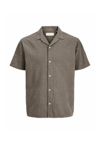 Chemise à manches courtes boutonnée en tissu olive terne texturé, col ouvert et petits boutons blancs sur le devant.