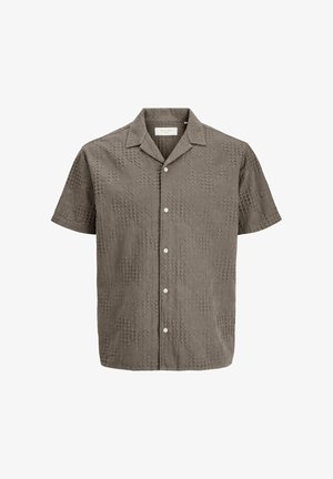 Kurzärmeliges Hemd mit Knopfleiste aus strukturiertem, gedämpftem olivgrünem Stoff mit Hemdkragen und kleinen weißen Knöpfen vorne.