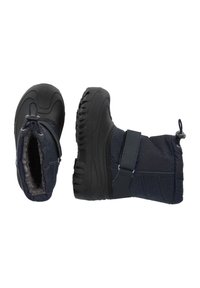 Bottes isolées bleu foncé avec une semelle en caoutchouc, orteil renforcé et sangle ajustable. Doublure intérieure douce et matériau extérieur texturé.