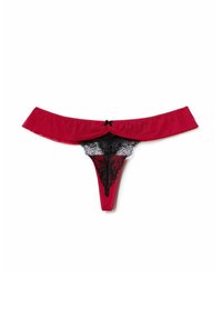 Roter Spitzen-Slip mit breitem, drapiertem Bund. Verfügt über schwarze Spitzendetails an der Vorderseite und eine kleine Schleifenverzierung in der Mitte.