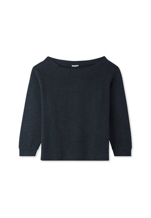 Ciemnoszara koszula z długimi rękawami, z dekoltem w kształcie łódki i dopasowanymi mankietami, ułożona na płasko na białym tle.