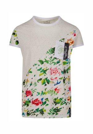 Kurzärmliges T-Shirt aus leichtem beigen Baumwollstoff mit floralem Druck in Grün und Pink, ausgestattet mit einer Brusttasche und einem Logoetikett.