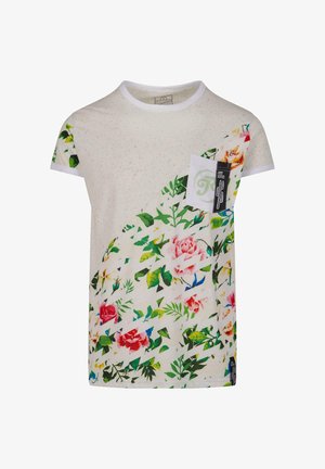 Rövid ujjú, világos bézs pamut póló, zöld és rózsaszín virágmintával, elöl zsebében logós címkével.
