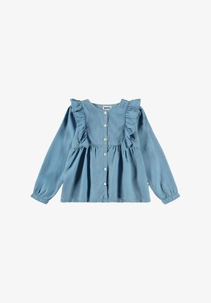 Light blue long-sleeve blouse with ruffle detailing along the shoulders, button front, and a relaxed, gathered waist. Smooth fabric texture.