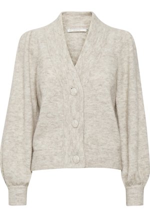 Lys beige strikket cardigan med V-hals, tre overdækkede knapper, lange pufærmer og ribbede manchetter og kant.