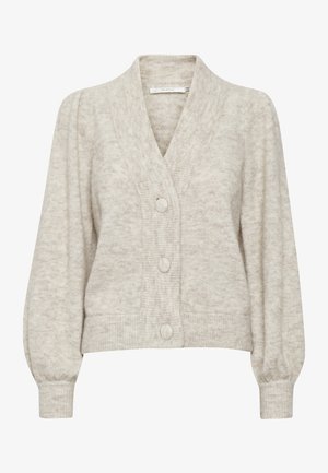 Jasnobeżowy dzianinowy kardigan z dekoltem w serek, trzema krytymi guzikami, długimi bufiastymi rękawami oraz prążkowanymi mankietami i dołem.