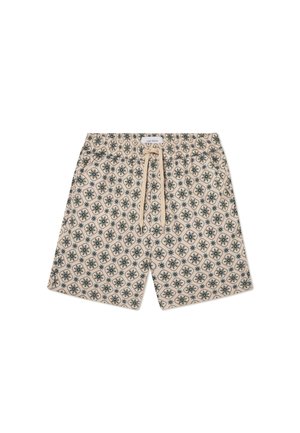Beige patterned shorts with elastic waistband and adjustable drawstring. Features floral and geometric designs in dark green tones.