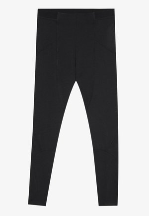 Schwarze Leggings aus dehnbarem Stoff mit hohem Taillenbund, ausgestattet mit Paneeldetails und einer glatten Textur. Entwickelt für aktive Freizeitgestaltung.