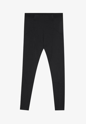 Black leggings made of stretchy fabric with a high waistband, featuring paneling details and a smooth texture. Designed for active wear.