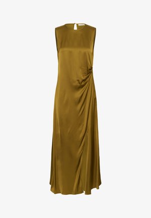 Sukně bez rukávů v olivově zelené barvě z hladkého saténu, s postranním řasením a detaily ve tvaru klíčové díry na zádech, navržená pro volnou siluetu.