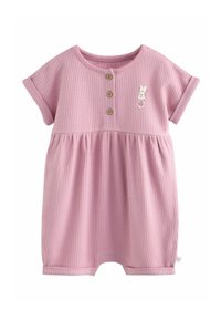 Ribbstickad rosa babybody med korta ärmar, tre knappar framtill och en liten Minnie Mouse-grafik på vänster bröst.