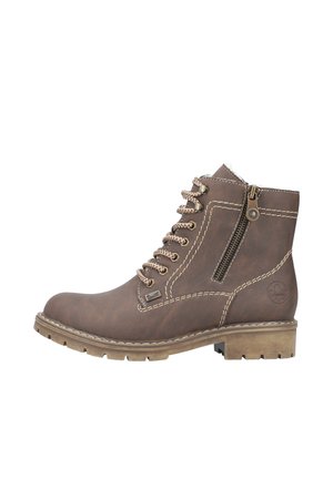 Bottine en cuir marron avec un design à lacets, fermeture éclair latérale et couture contrastée. Semelle épaisse et détail de surface texturée.