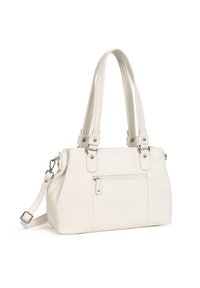 Borsa a tracolla bianca in pelle con due lunghe cinghie, hardware argentato, tasca anteriore con zip e cinghia laterale rimovibile. Texture liscia con forma strutturata.