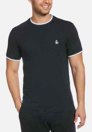 Navy short-sleeve T-shirt with a ribbed crew neck and white accent trim. Features a small penguin logo on the chest. Soft cotton blend.
