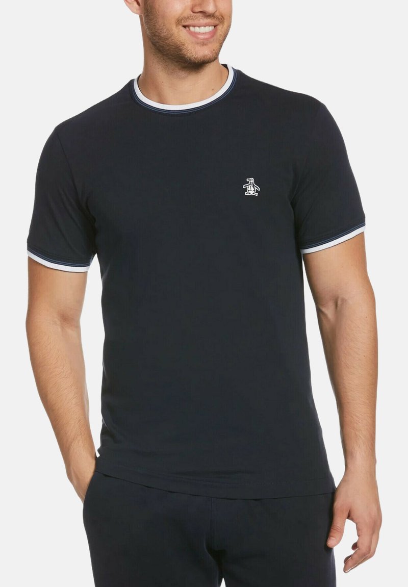 Navy short-sleeve T-shirt with a ribbed crew neck and white accent trim. Features a small penguin logo on the chest. Soft cotton blend.