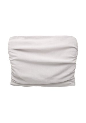 Rimpelvrije strapless top in lichtgrijze stof. Heeft een zachte textuur met geplooide details en elastische boven- en onderranden.
