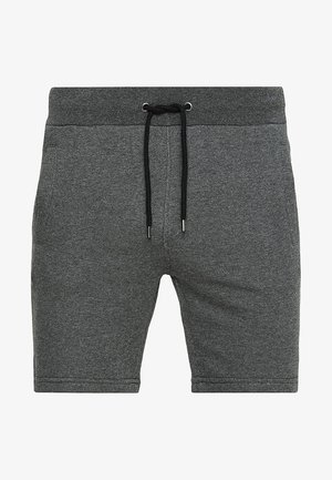 Grijze katoenen short met een zwarte koord, elastische tailleband en zijzakken. Glad textuur, knielang ontwerp.