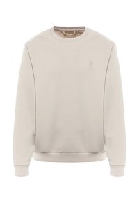 Felpa beige chiaro, girocollo, realizzata in tessuto morbido. Presenta un logo ricamato sottile sul petto e polsini e orlo a costine.