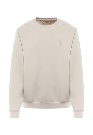 Felpa beige chiaro, girocollo, realizzata in tessuto morbido. Presenta un logo ricamato sottile sul petto e polsini e orlo a costine.