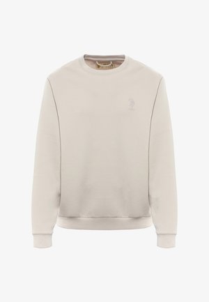 Felpa beige chiaro, girocollo, realizzata in tessuto morbido. Presenta un logo ricamato sottile sul petto e polsini e orlo a costine.
