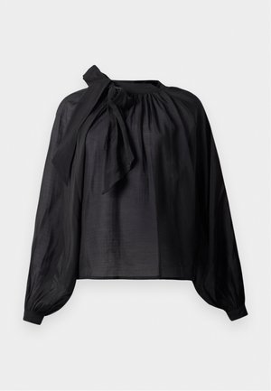 Black, lightweight blouse with a round neck, long balloon sleeves, and a tie accent at the shoulder. Smooth texture, loose fit.