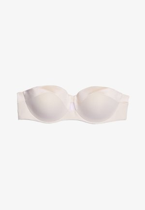 Reggiseno beige senza spalline con coppe modellate lisce, dettagli satinati e design senza cuciture. Presenta un elastico sicuro e hardware minimale.
