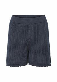 Shorts en tricot bleu marine avec un motif texturé en vagues, dotés d'une large taille côtelée et d'un ourlet festonné.