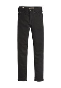 Vaqueros de mezclilla negros con corte recto, con cierre frontal de botones, cinco bolsillos y costuras en contraste. Textura suave.