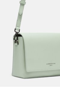 Borsa a spalla in pelle verde menta con chiusura a patta, tracolla regolabile e un gancio in argento. Presenta un logo del marchio impresso sul fronte.
