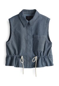 Top senza maniche, a righe blu e bianche, con colletto, taschino frontale e vita con coulisse e dettaglio arricciato.