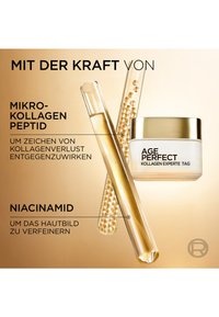 Glasampull och burk har en guldaccent. Ampullen innehåller en vätska med bubblor, medan burken är märkt "AGE PERFECT KOLLAGEN EXPERTE TAG."