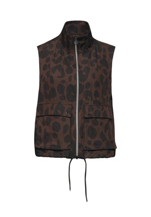 Mouwloos bruin vest met zwarte luipaardvlekken, ritssluiting aan de voorkant, twee klepzakken met drukknopen, hoge kraag en verstelbare aantrekkoordzoom.
