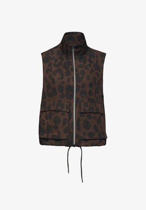 Gilet marron sans manches avec des taches de léopard noires, fermeture éclair frontale, deux poches à rabat avec boutons-pression, col montant et ourlet réglable par cordon.