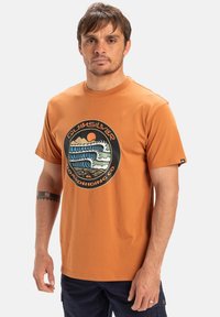 Short-sleeve, round-neck t-shirt in burnt orange cotton, featuring a circular graphic with waves, sun, and "Quiksilver" branding in black.