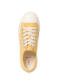 Yellow canvas sneaker with a rubber white toe cap, white laces, silver eyelets, and a textured sole. Inside label reads "Soft Foam."